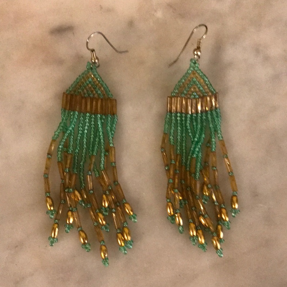 Beautiful-Green And Gold Beaded Earnings-3.5” Long
